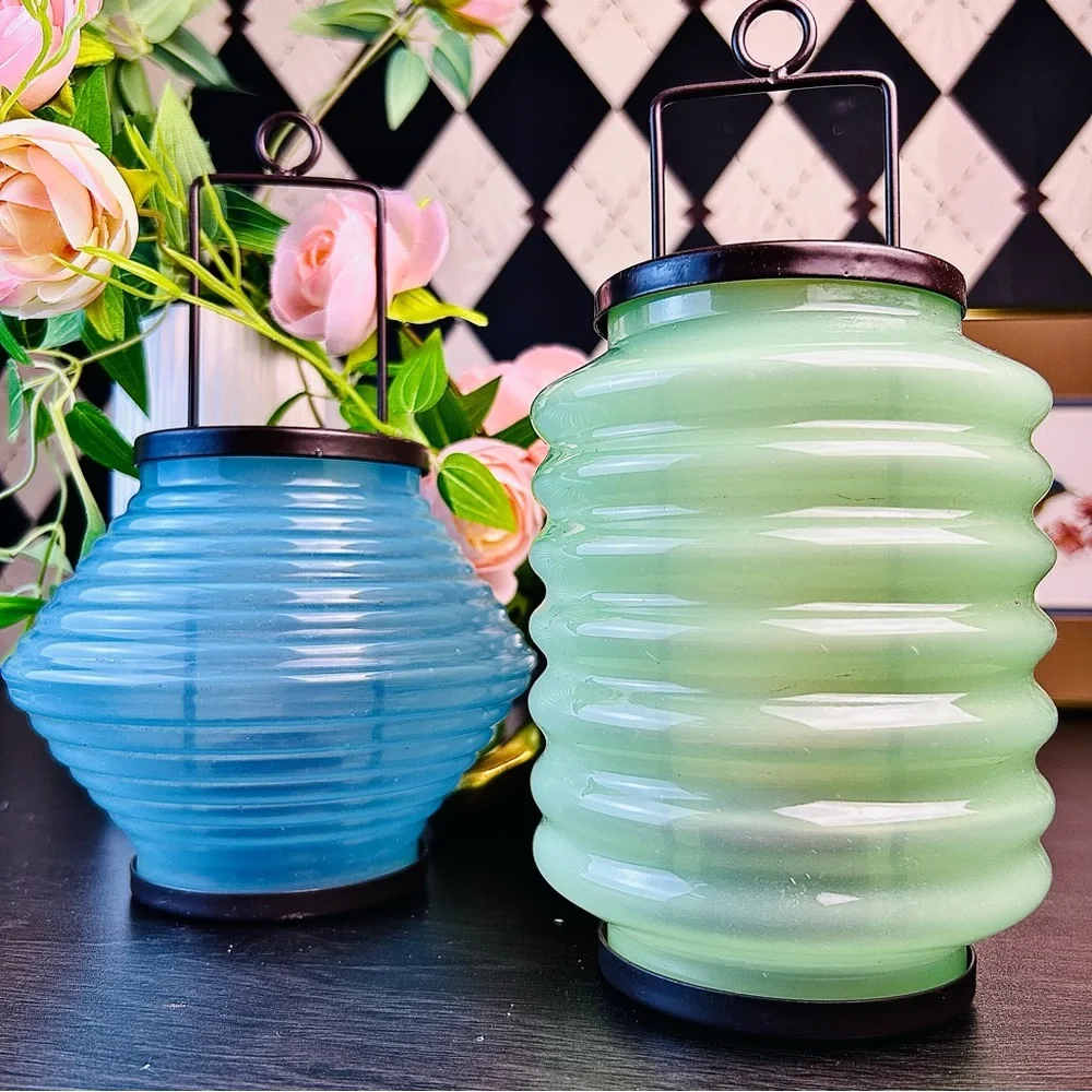 Mid Century Modern‎ Ribbed Glass Tea Light Lanterns, Pair Candle Indoor Outdoor